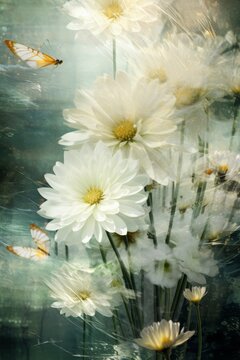 Vintage grunge background with glowing butterflies and double exposure flowers in retro style