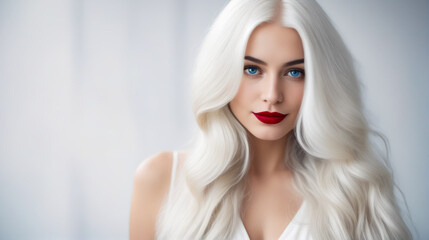 A woman with long blonde hair and red lipstick is smiling for the camera. Concept of confidence and beauty