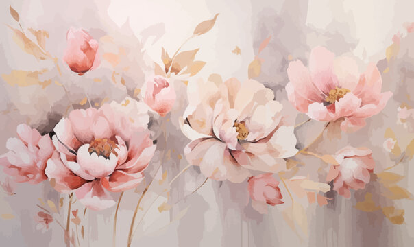Watercolor pink gold flower abstract mural, peonies, tulips, rose, large delicate voluminous flowers, background, wallpaper,