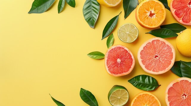 Top view summer tropical fruits various with leaves on pastel yellow background. AI generated image