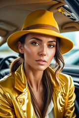 A woman in a yellow hat and a gold jacket is posing for a photo. The image has a bright and...