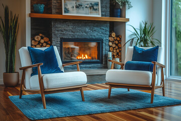 White armchairs with blue pillows in a room with a fireplace, minimalist mid-century style living room interior design