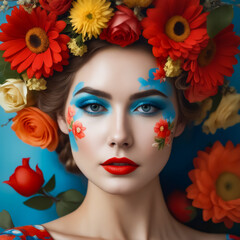 A woman with a flower headdress and red lips. The flowers are orange and yellow. The woman is wearing blue eyeshadow