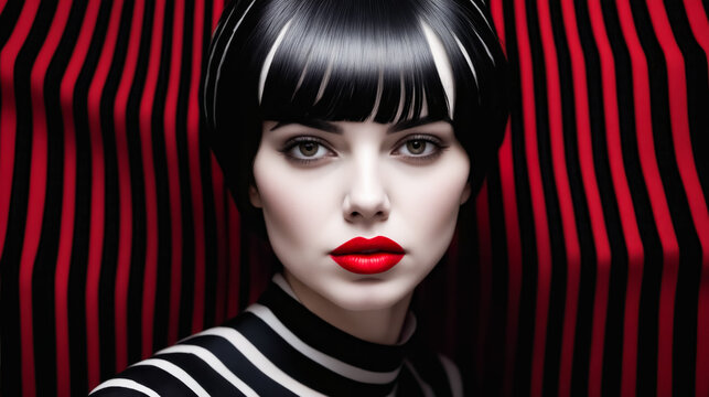 A woman with black hair and red lipstick is standing in front of a red background. The image has a bold and striking look, with the woman's red lips