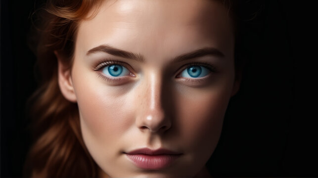 A woman with blue eyes and red hair. She has a very pretty face. The photo is black and white