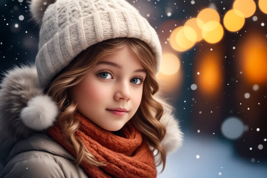 A young girl wearing a white hat and a red scarf is smiling at the camera. The image has a warm and cozy feeling, as the girl is dressed for winter and he is enjoying the cold weather
