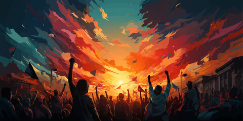 A crowd of people with raised hands and flags. Political revolution. vector flat bright colors - obrazy, fototapety, plakaty