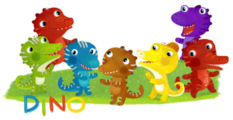 cartoon scene with dino dinosaurs or dragons friends playing having fun childhood on white background with space for text illustration for children - 767898727