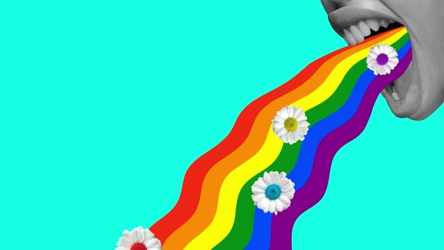 Contemporary stop motion. Animation. Young girl throw up with rainbow against vibrant cyan background. Magazine style. Trendy, vibrant color. Concept of beauty, inspiration, equality, human rights.