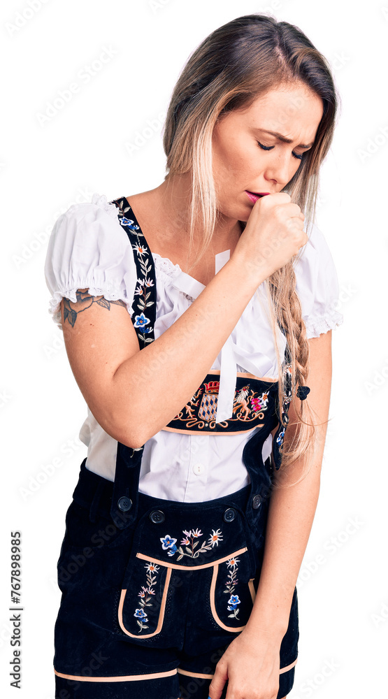 Poster Young beautiful blonde woman wearing oktoberfest dress feeling unwell and coughing as symptom for cold or bronchitis. health care concept.