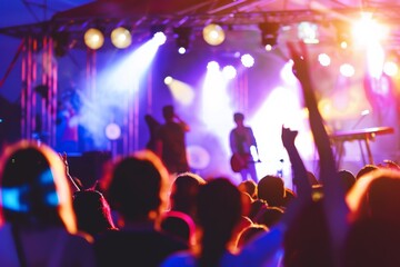 A lively summer music concert with a band performing on an outdoor stage, surrounded by a crowd of enthusiastic fans, colorful stage lights illuminating the scene - obrazy, fototapety, plakaty