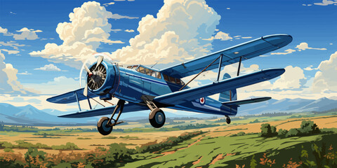 vector illustration of the clouds image with a biplane flying in the blue sky vector - - obrazy, fototapety, plakaty