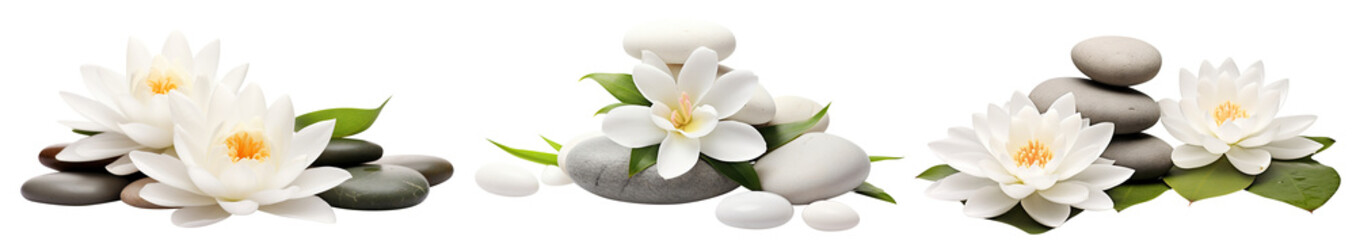 Fototapeta na wymiar Set of tranquil spa stones and lotus blooms, cut out