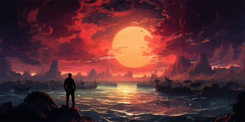 A man standing in a river with his shipwreck against the background of the sky upside down, digital art style, illustration painting