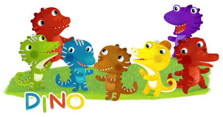 cartoon scene with dino dinosaurs or dragons friends playing having fun childhood on white background with space for text illustration for children - 767899367
