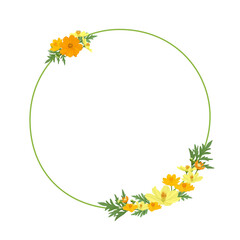 Minimal orange and yellow cosmos flower wreath template. Love summer friendship anniversary wedding copy space.