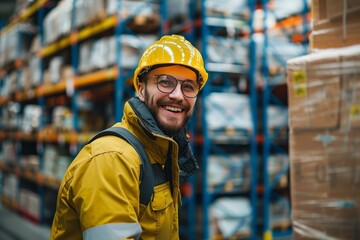 Portrait of male worker in workwear and hard hat in warehouse. Smiling confident freight handler standing in warehouse aisle. Tall stacks of pallets with cargo in the background.