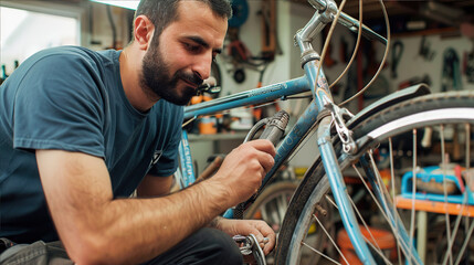 Fototapeta na wymiar a man repairs a bicycle in a workshop