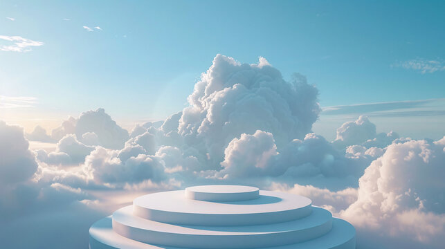 3d product podium display with cloud on blue sky backround for presentaiton