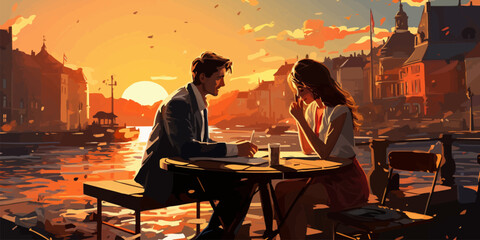 anime style of the office man casually relaxing at the harbor and steal a glance to the lady that sitting and having meal vector flat bright colors