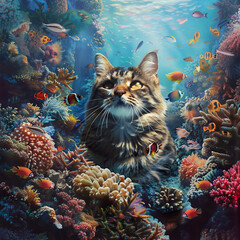Fototapeta na wymiar Cat in a coral reef with corals and fish