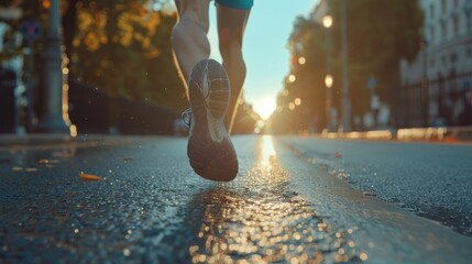 Close up rear view urban sport runner legs running on the rain wet street background. AI generated