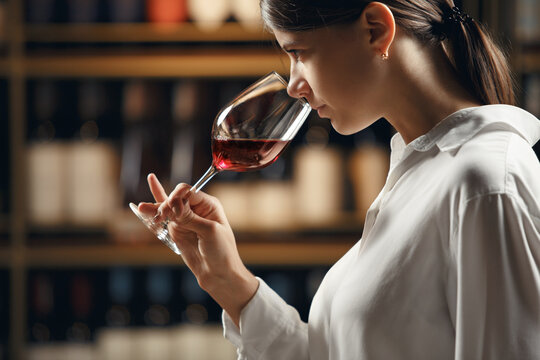 Close up profile portrait of professional woman sommelier in wine cellar degustation red wine in glass, smelling and analyzing. 