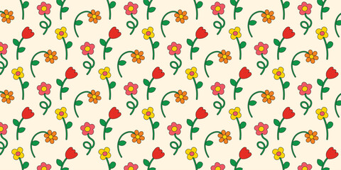 Trendy hand drawn flowers. Seamless pattern with multicolored flowers collection in retro groovy style. Simple flat style flowers. Botanical floral elements.