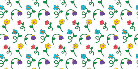 Seamless pattern with multicolored flowers collection in retro groovy style. Trendy hand drawn flowers. Botanical floral elements. Simple flat style flowers.