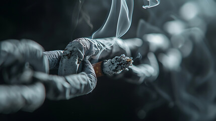 Smoke chains binding a cigarette, illustrating addictions hold and the challenge of breaking free. Generative AI illustration 