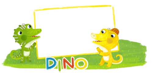 cartoon scene with dino dinosaurs or dragons friends playing having fun childhood on white background with space for text illustration for children - 767900573