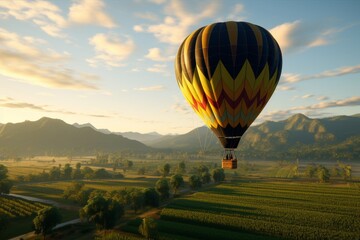 Aerial view of hot air balloon over lush green fields with abundant space for tex