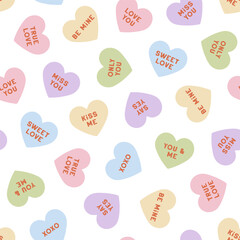 Vector seamless pattern with hand drawn conversation hearts. Lovely romantic endless background for Valentines day, holiday design, wallpaper, fabric. Candy hearts pattern in flat style