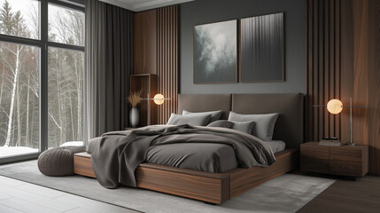 interior design of a modern bedroom in gray tones and wood trim and subtle lighting