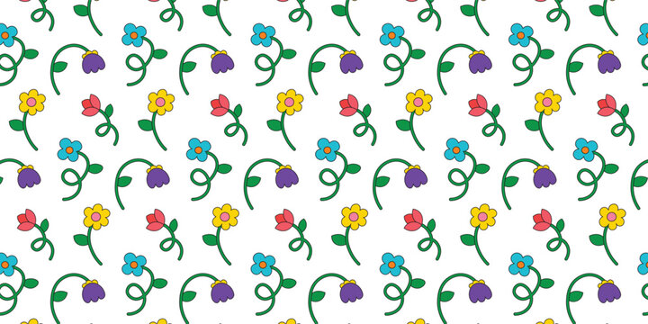 Seamless pattern with multicolored flowers collection in retro groovy style. Trendy hand drawn flowers. Botanical floral elements. Simple flat style flowers.