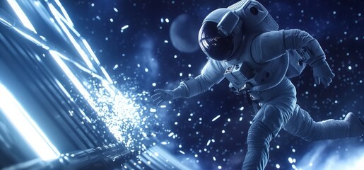 An astronaut floating amidst the ethereal glow of distant stars and cosmic lights, capturing the vastness of space.