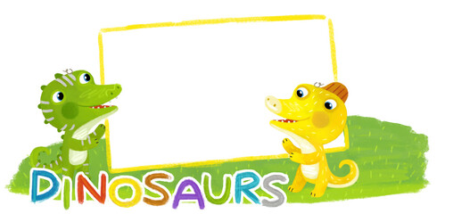 cartoon scene with dino dinosaurs or dragons friends playing having fun childhood on white background with space for text illustration for children - 767900778
