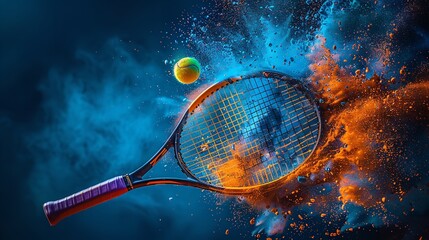Tennis racket splashing colored powder in midair as it hits the ball in slow motion against a dark background and space for text, Generative AI.