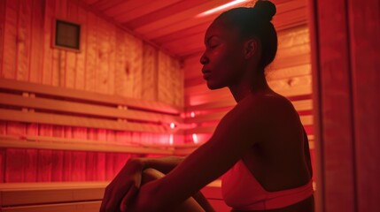 Woman relaxing in an infrared sauna. Interior wellness and health concept.