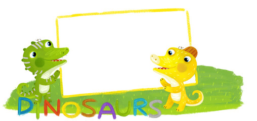 cartoon scene with dino dinosaurs or dragons friends playing having fun childhood on white background with space for text illustration for children - 767900971