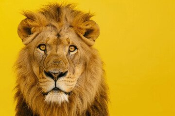 Amusing lion posing with a funny expression against a yellow background
