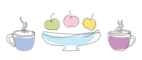 Line art of steaming cups and bowl with apples. Set for healthy tea time or snack. Continuous one line drawing. Mugs, plate and fruit. Design elements for print, postcard, scrapbooking