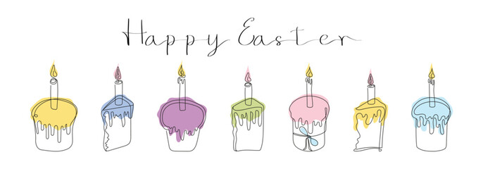 Set of Easter Kulich cakes with lit candles. Happy Easter greeting.  Continuous one line drawing of cupcakes, birthday cakes. Colorful Vector isolated on white. Design elements for print and greetings