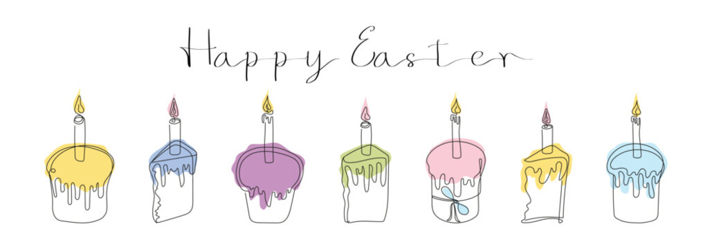 Set of Easter Kulich cakes with lit candles. Happy Easter greeting.  Continuous one line drawing of cupcakes, birthday cakes. Colorful Vector isolated on white. Design elements for print and greetings