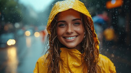 Smiling woman in yellow raincoat on rainy city street.