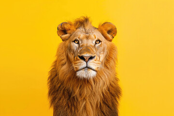 Amusing lion posing with a funny expression against a yellow background