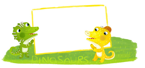cartoon scene with dino dinosaurs or dragons friends playing having fun childhood on white background with space for text illustration for children - 767901370