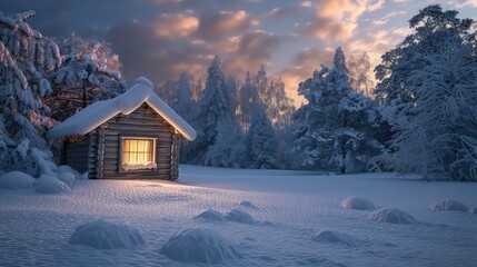 Amidst the tranquil beauty of a snowy winter landscape, a small house engulfed in flames emits an eerie glow against the white backdrop.