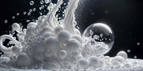 large pile of soap bubbles against a black background. The bubbles range in size and are being splashed around by a jet of water.