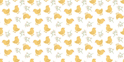Seamless pattern with Chicken and flowers. Easter design for wrapping paper and backgrounds. Hand drawn illustration of Chick bird in kawaii style